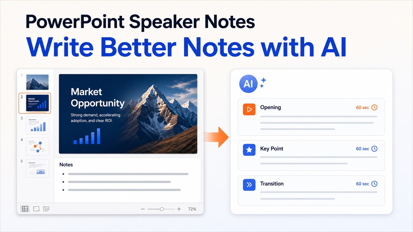 PowerPoint speaker notes organized into an AI-assisted narration draft