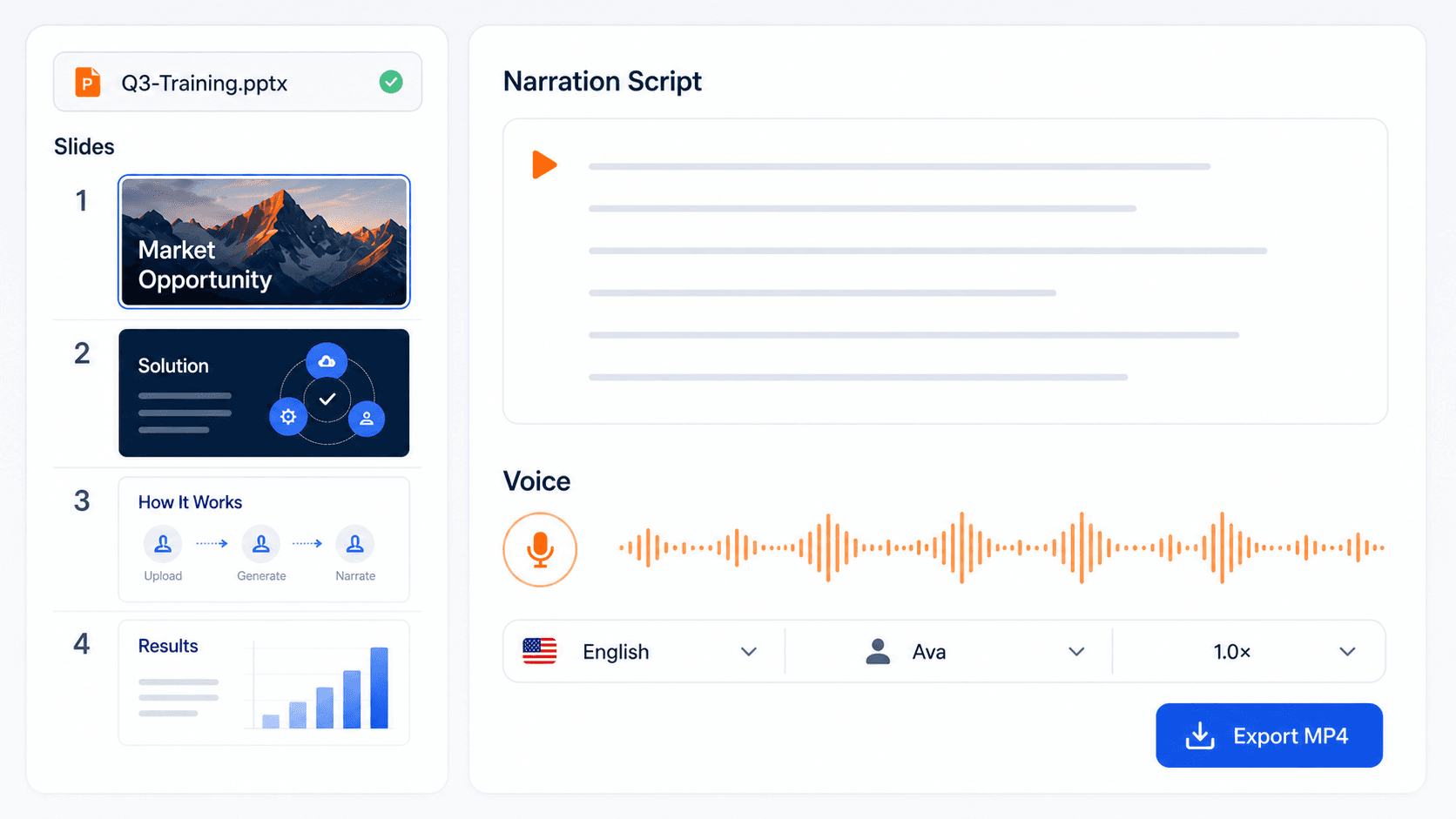 OralSlides AI PowerPoint narrator showing slide-aware script and voice controls